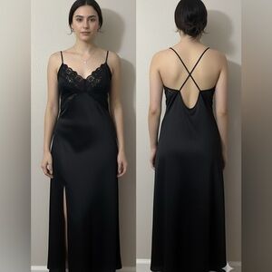 Vintage JCPenney Black Lace Slip Maxi Dress. Stretchy Nylon Fabric. No Snags.